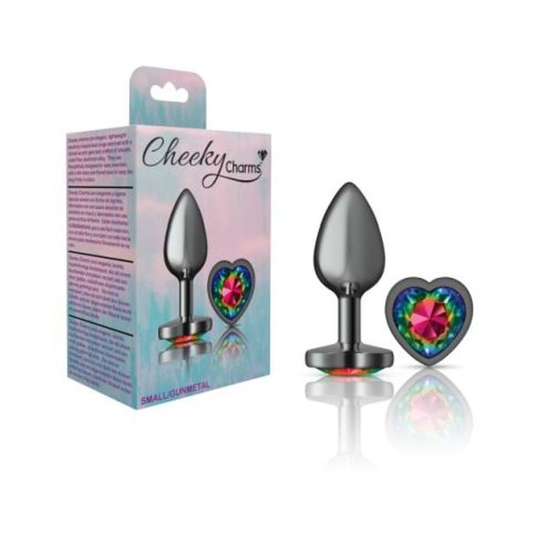 Cheeky Charms Gunmetal  Butt Plug w Heart Rainbow Jewel Small - K. P.