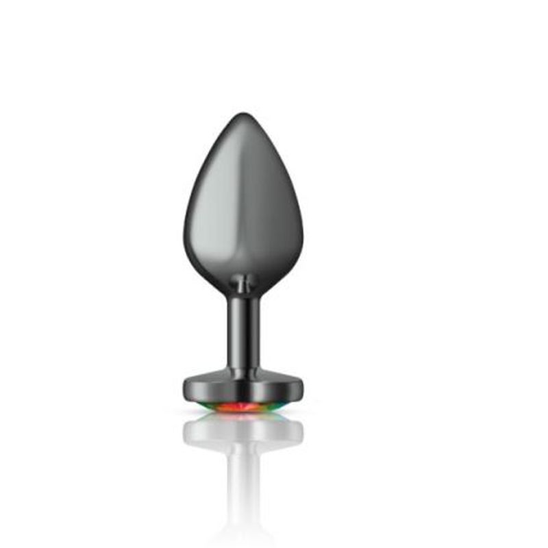 Cheeky Charms Gunmetal  Butt Plug w Heart Rainbow Jewel Medium - K. P.