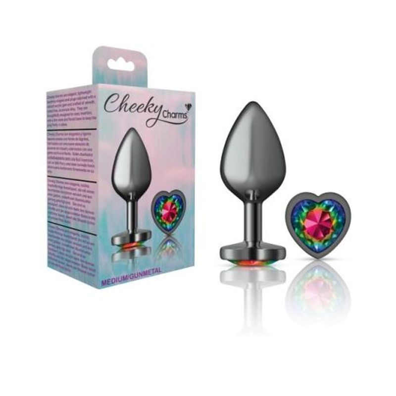 Cheeky Charms Gunmetal  Butt Plug w Heart Rainbow Jewel Medium - K. P.