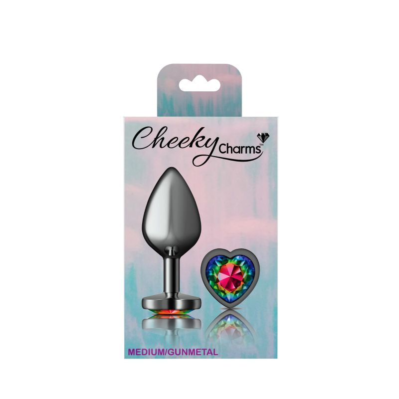 Cheeky Charms Gunmetal  Butt Plug w Heart Rainbow Jewel Medium - K. P.