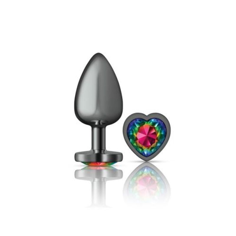 Cheeky Charms Gunmetal  Butt Plug w Heart Rainbow Jewel Large - K. P.