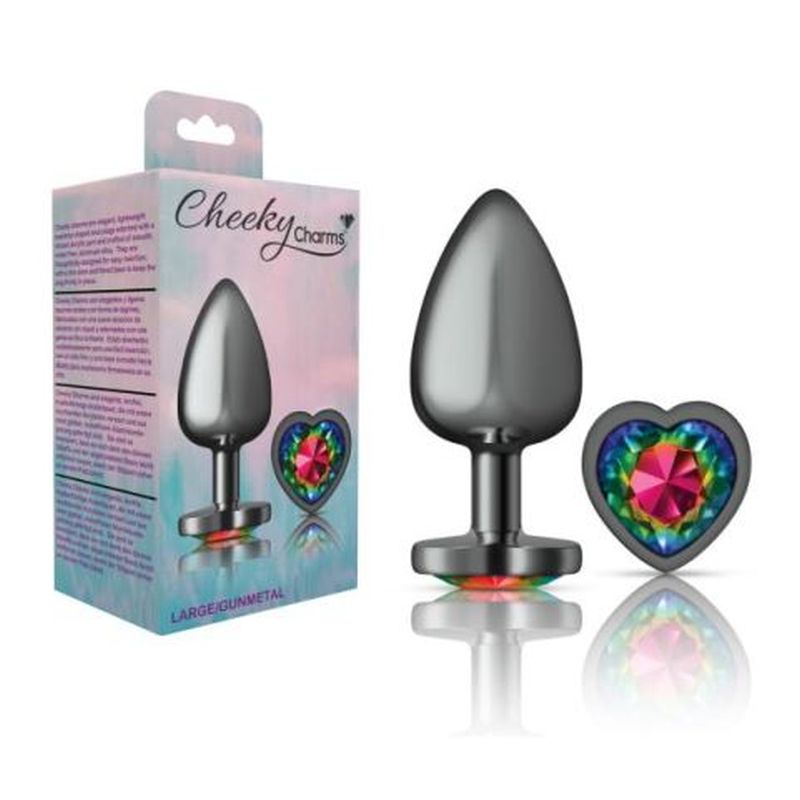 Cheeky Charms Gunmetal  Butt Plug w Heart Rainbow Jewel Large - K. P.