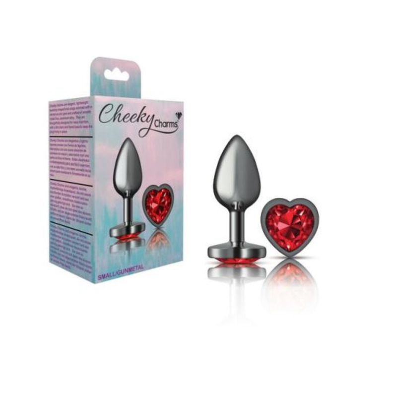 Cheeky Charms Gunmetal  Butt Plug w Heart Red Jewel Small - K. P.
