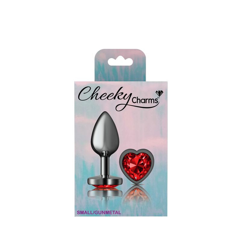 Cheeky Charms Gunmetal  Butt Plug w Heart Red Jewel Small - K. P.
