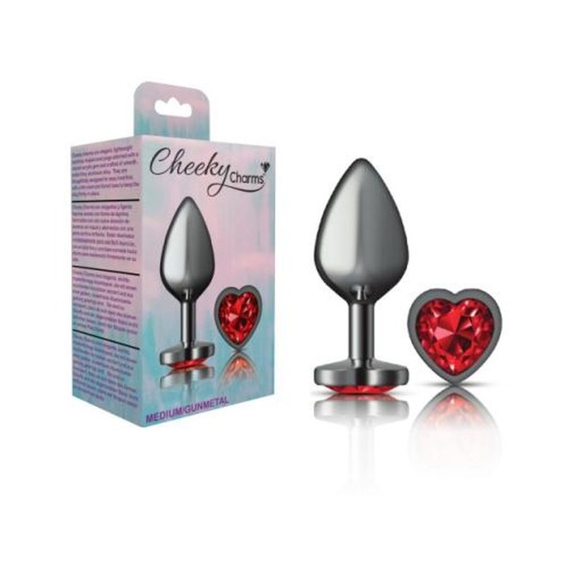 Cheeky Charms Gunmetal  Butt Plug w Heart Red Jewel Medium - K. P.