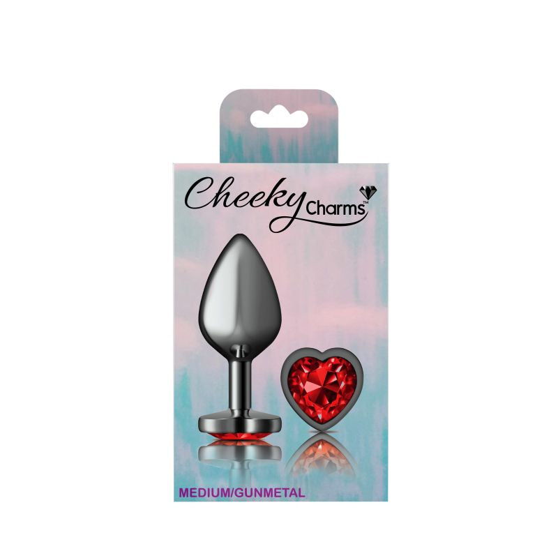 Cheeky Charms Gunmetal  Butt Plug w Heart Red Jewel Medium - K. P.