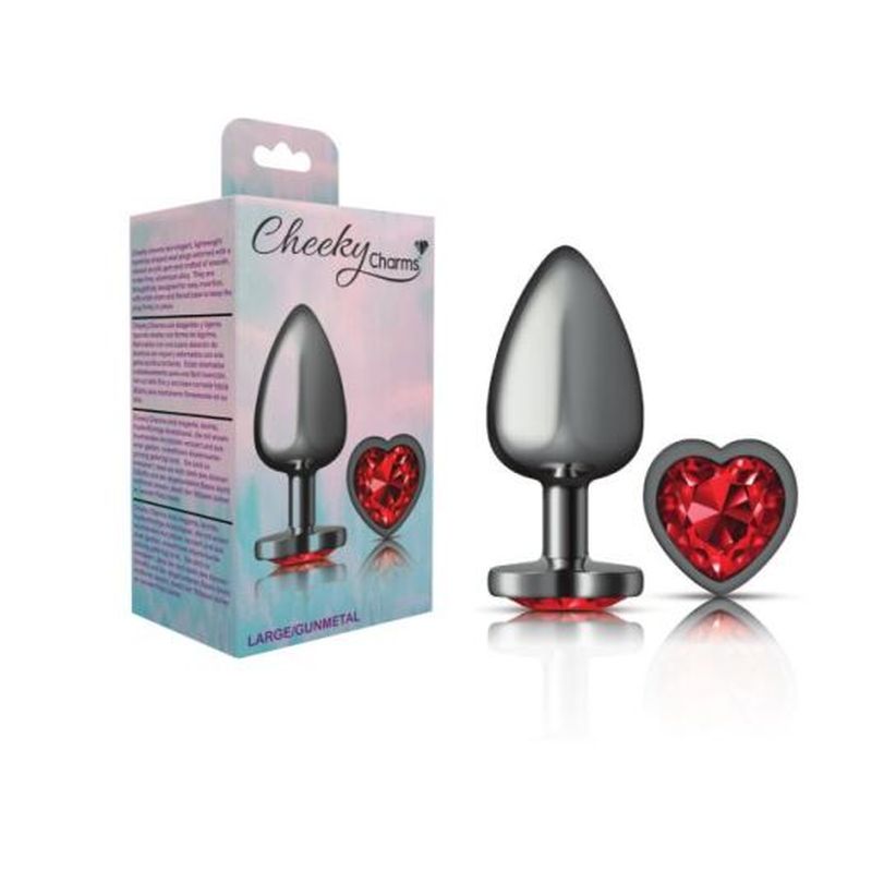 Cheeky Charms Gunmetal  Butt Plug w Heart Red Jewel Large - K. P.