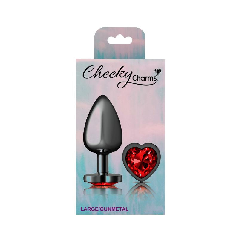 Cheeky Charms Gunmetal  Butt Plug w Heart Red Jewel Large - K. P.
