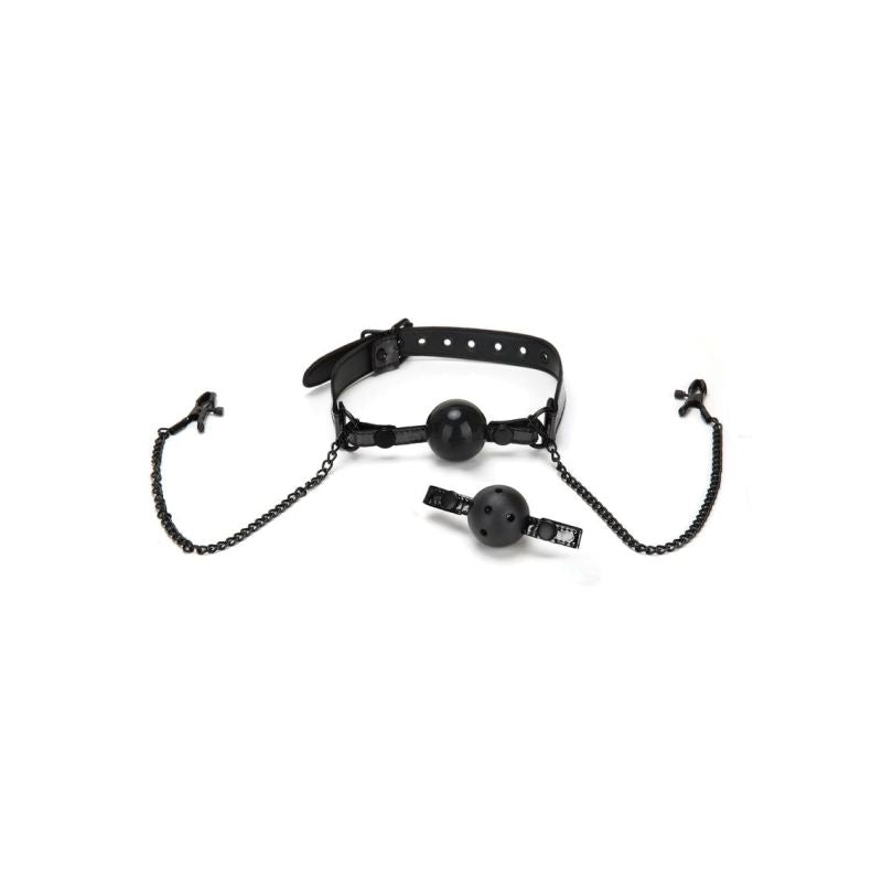 Diamond Ball Gag with Nipple Clips - Black - K. P.