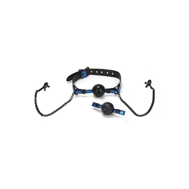Diamond Ball Gag with Nipple Clips - Blue - K. P.
