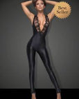 Sleeveless Power Wet Look Overall With Lace - Black - K. P.