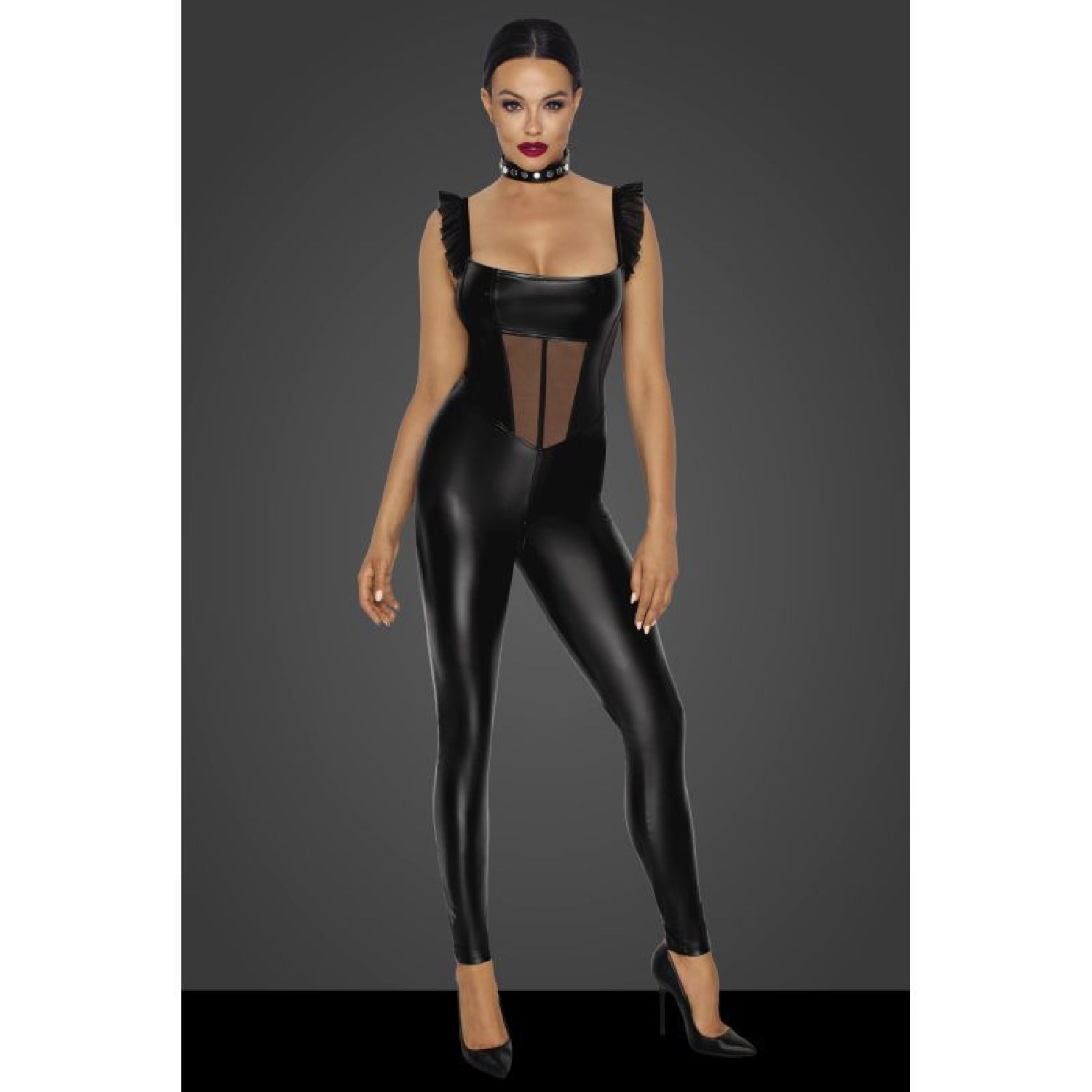 Power Wetlook Overall with Tulle Panel - Black