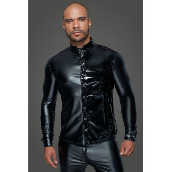 Powerwetlook PVC Long Sleeved Shirt with Button Placket - Black