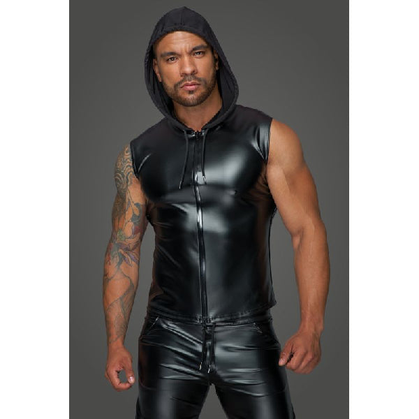 Powerwetlook Sleeveless Hooded Shirt with 2 Way Zipper - Black - K. P.