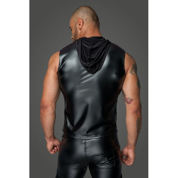 Powerwetlook Sleeveless Hooded Shirt with 2 Way Zipper - Black