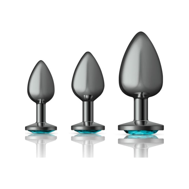 Cheeky Charms Round Metal Butt Plug 3 Pc Kit - Gunmetal with Teal Jewel - K. P.