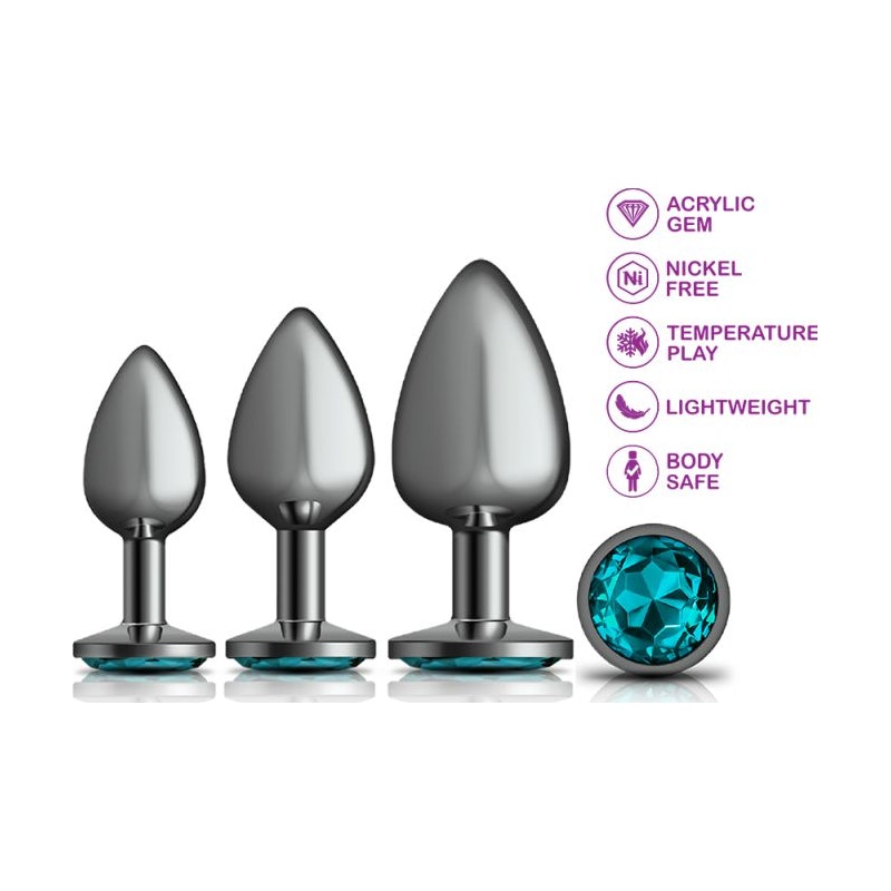 Cheeky Charms Round Metal Butt Plug 3 Pc Kit - Gunmetal with Teal Jewel - K. P.