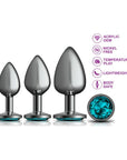 Cheeky Charms Round Metal Butt Plug 3 Pc Kit - Gunmetal with Teal Jewel - K. P.