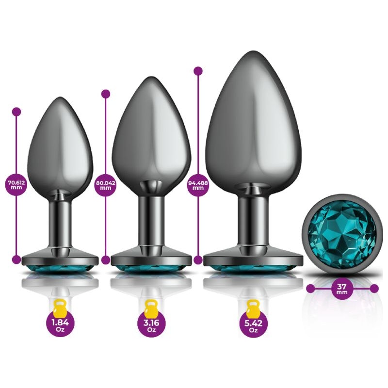 Cheeky Charms Round Metal Butt Plug 3 Pc Kit - Gunmetal with Teal Jewel - K. P.