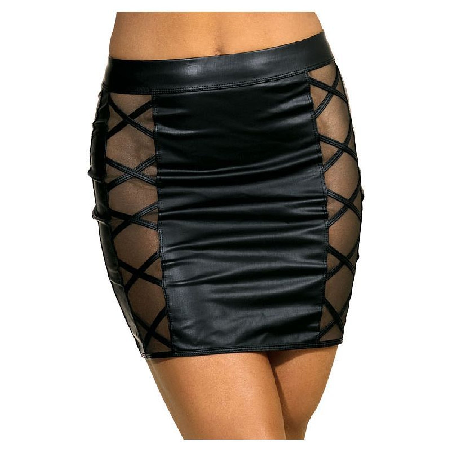 Stretch Wetlook Mesh Criss Cross Skirt - Black