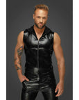 Snake Wetlook Sleeveless Zip-up Top with Sheer Hood - Black - K. P.