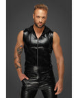 Snake Wetlook Sleeveless Zip-up Top with Sheer Hood - Black - K. P.