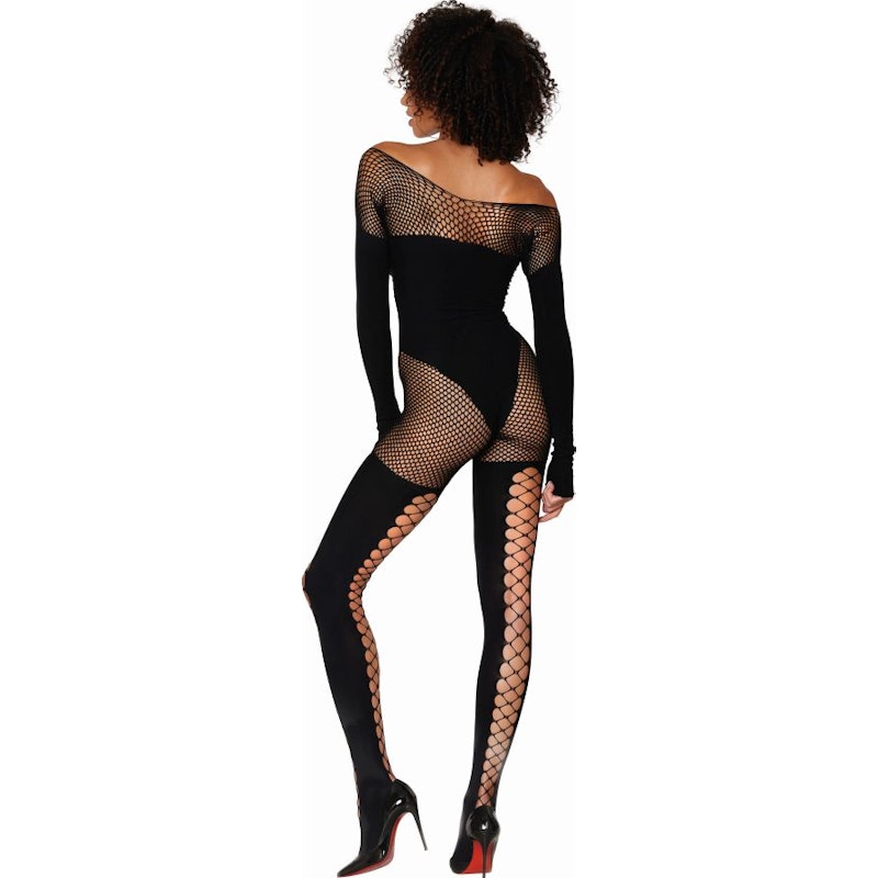 Seamless Opaque and Fishnet Bodystocking - Black - K. P.