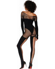 Seamless Opaque and Fishnet Bodystocking - Black - K. P.