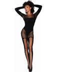 Seamless Opaque and Fishnet Bodystocking - Black - K. P.