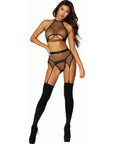 Bralette, Garter Belt with G-String Set - Black - K. P.