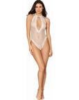 Fishnet Halter Teddy with Stretch Lace Edge Trims - White - K. P.