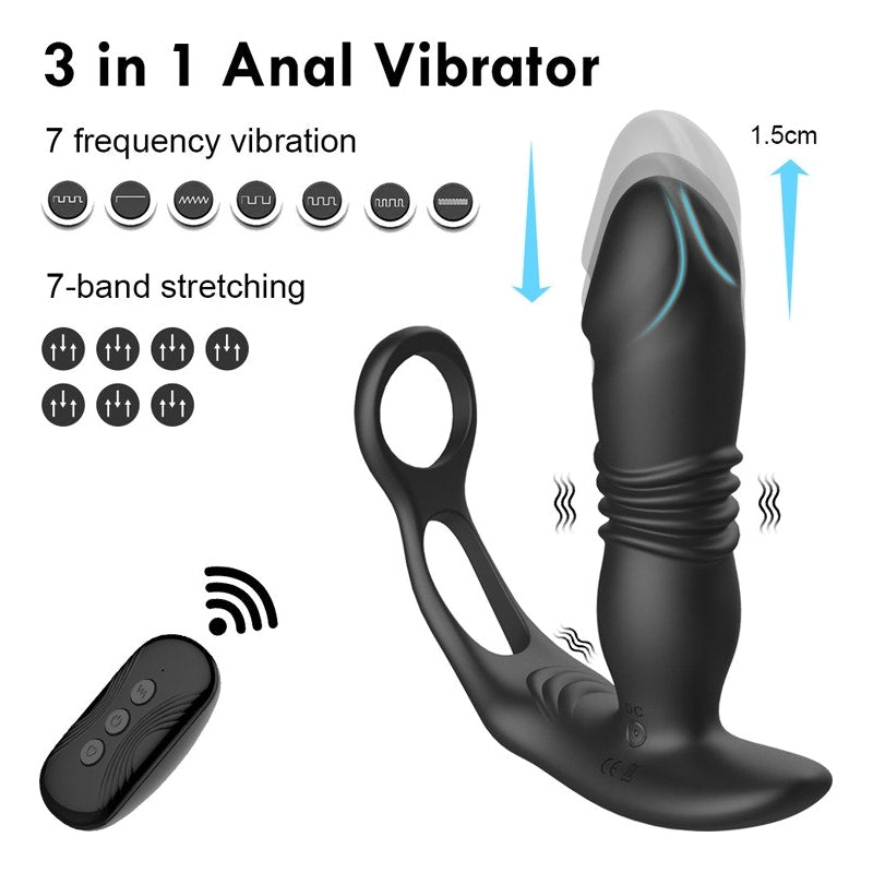 Thrusting Silicone Butt Plug with Cockring and Remote - K. P.