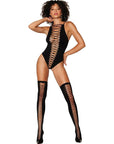 Opaque Seamless Criss-Cross Teddy with Matching Stockings Set - Black - K. P.