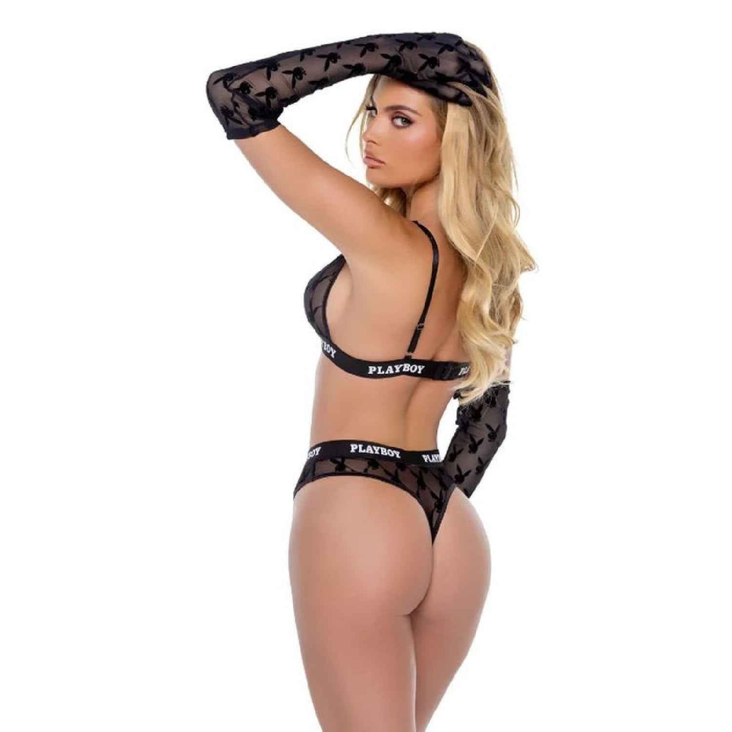 Playboy Flocked Bunny 2 Pc Lingerie Set Black