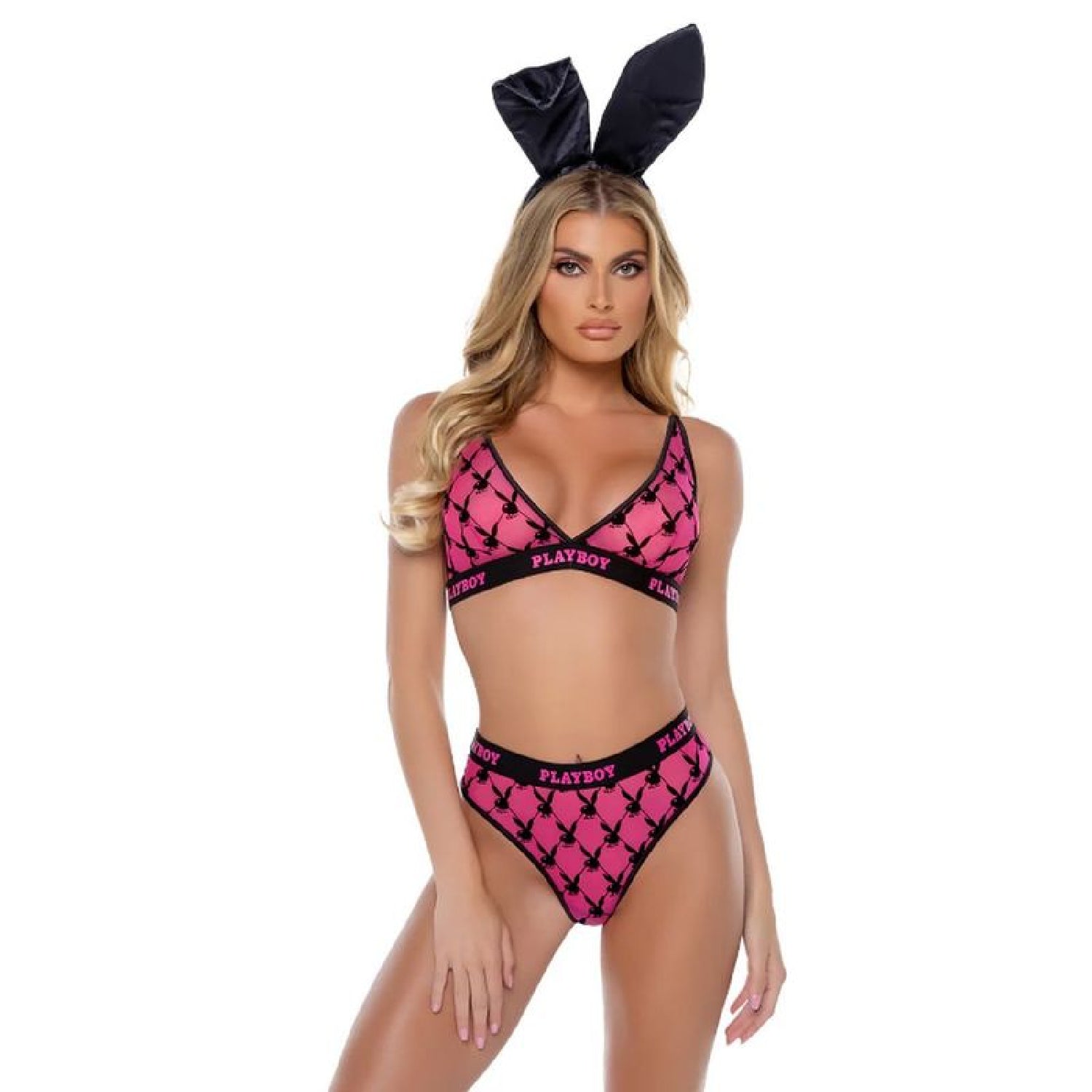 Playboy Flocked Bunny 2 Pc Lingerie Set - Black