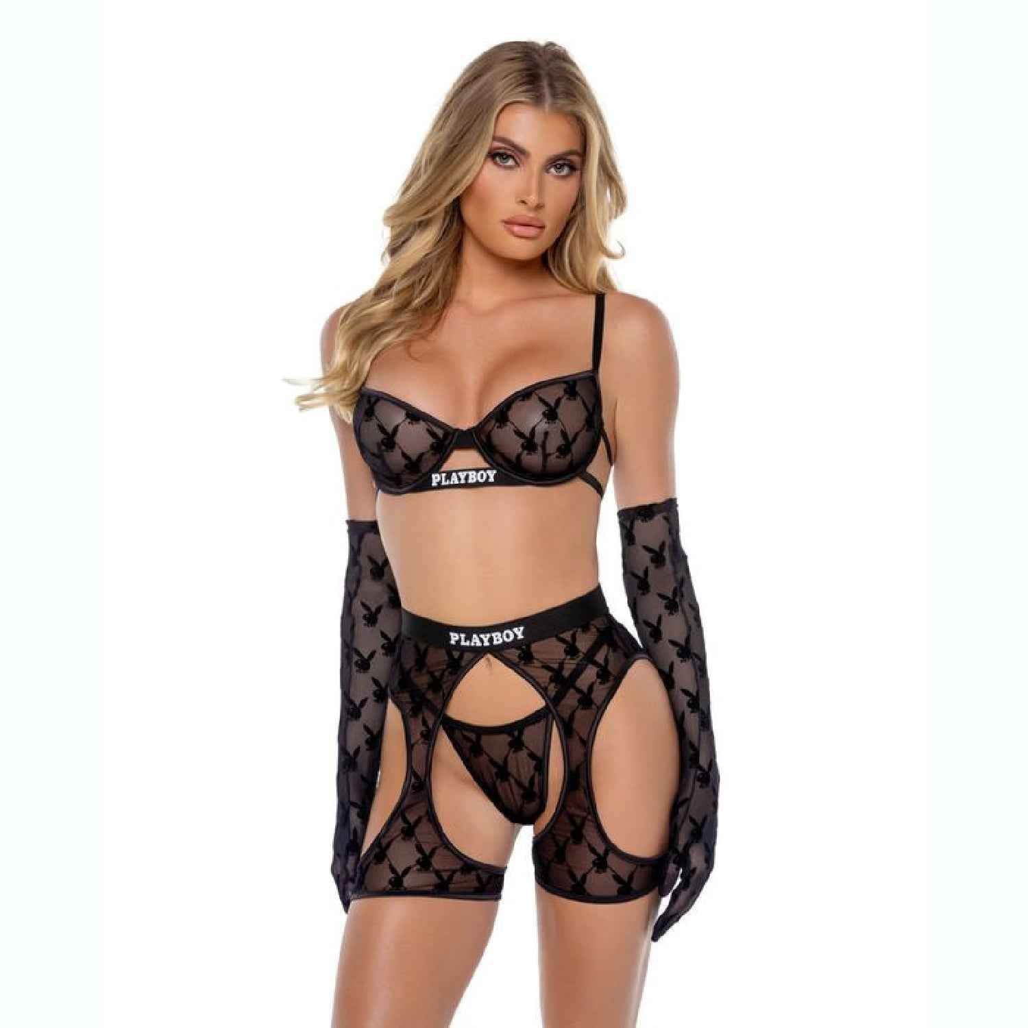Playboy Flocked Bunny Chaps 3 Pc Set - Black