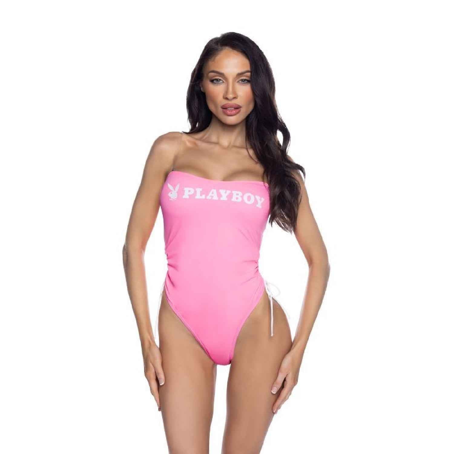 PlayBoy Pink 1 Pc Swimsuit with Ruched Side Ties & Removable Clear Straps - Pink
