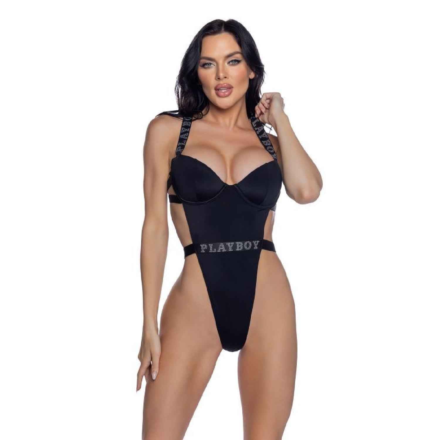 PlayBoy Black High-Leg 1 Pc Swimsuit with Rhinestone Logo - Black