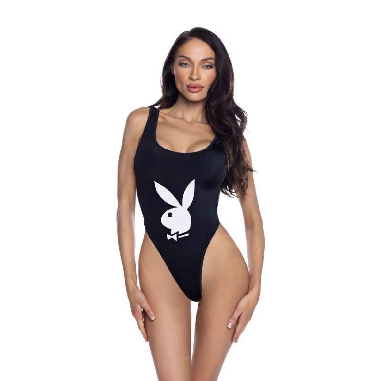 PlayBoy Black High-Leg 1 Pc Swimsuit with Bunny Head Logo - Multiple Colours