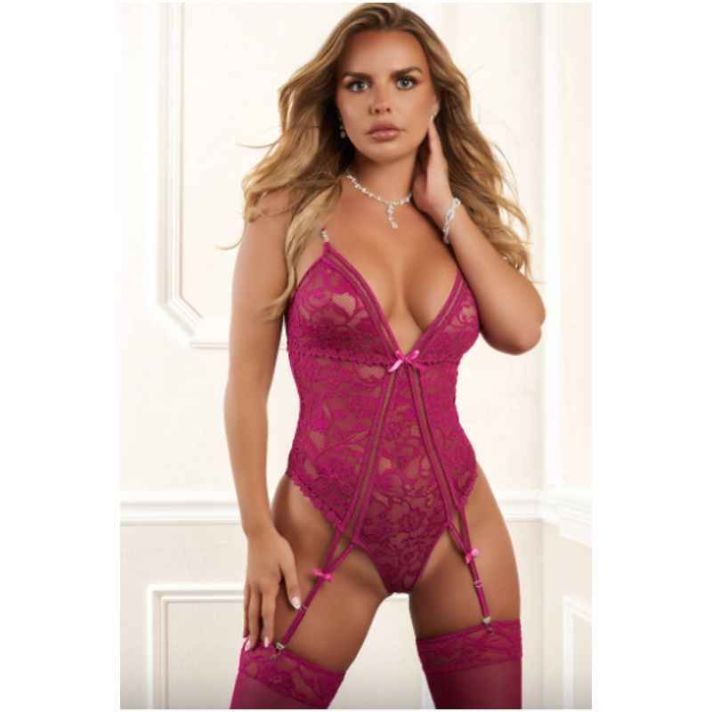 2 Pc Dramatic Lace Garter Teddy & Stocking