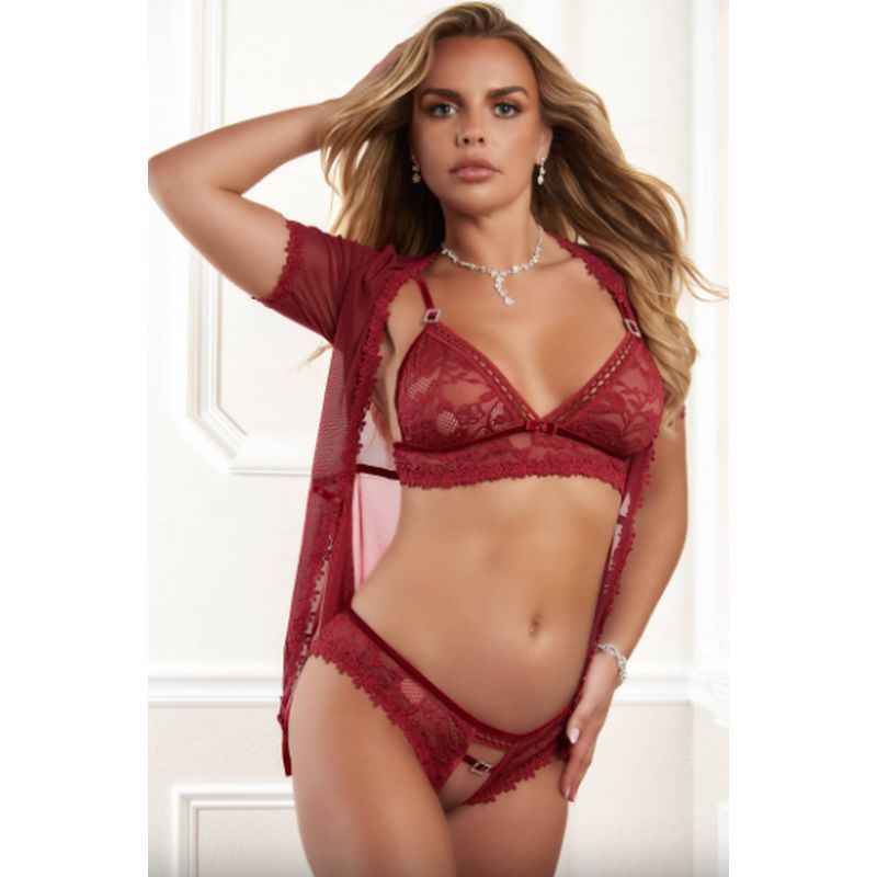 3 Pc Robe Set With Bra and Open Crotch Panty