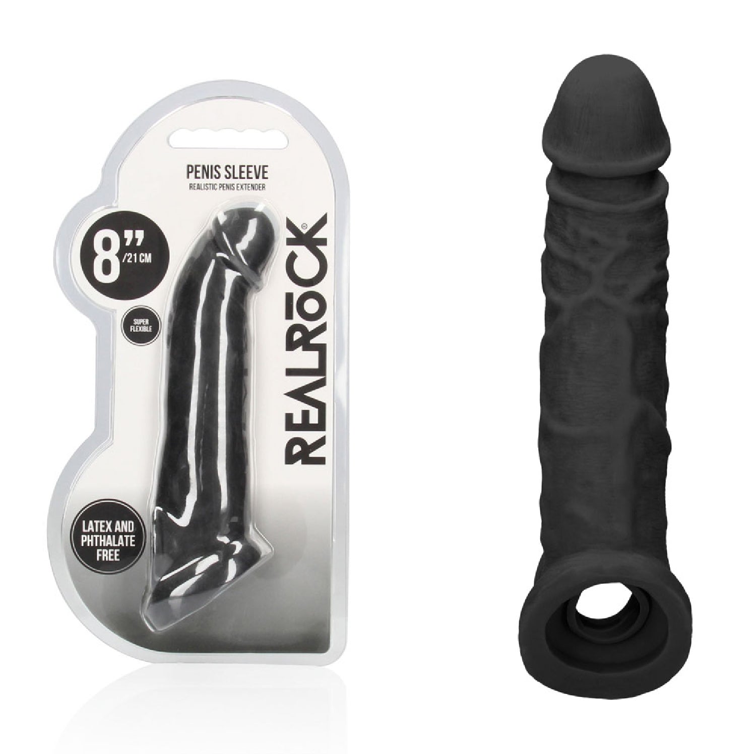 REALROCK 8'' Realistic Penis Extender with Rings - Black