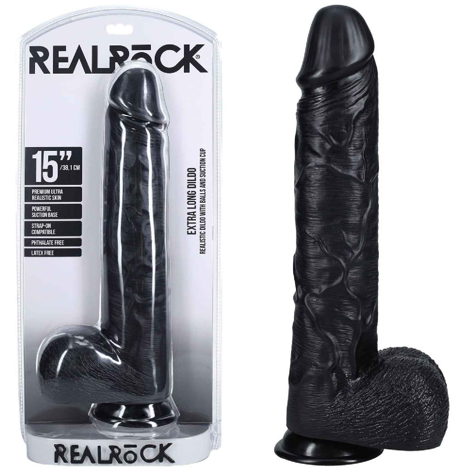 REALROCK 38cm Extra Long Dildo with Balls - Black