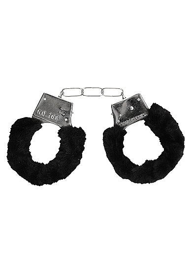 Ouch! Black & White - Pleasure Furry Hand Cuffs - With Quick-Release Button - Black - K. P.