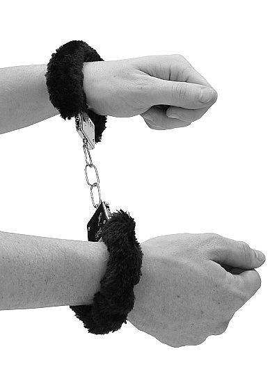 Ouch! Black & White - Pleasure Furry Hand Cuffs - With Quick-Release Button - Black - K. P.