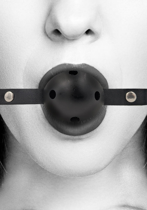 Ouch! Black & White - Breathable Ball Gag - With Bonded Leather Straps - Black - K. P.