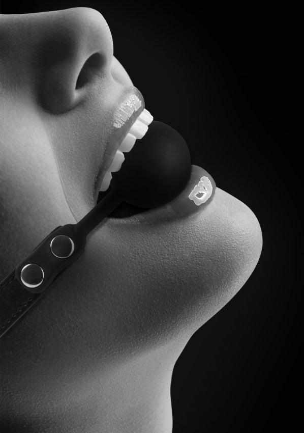 Ouch! Black & White - Silicone Ball Gag - with Adjustable Bonded Leather Straps - Black - K. P.