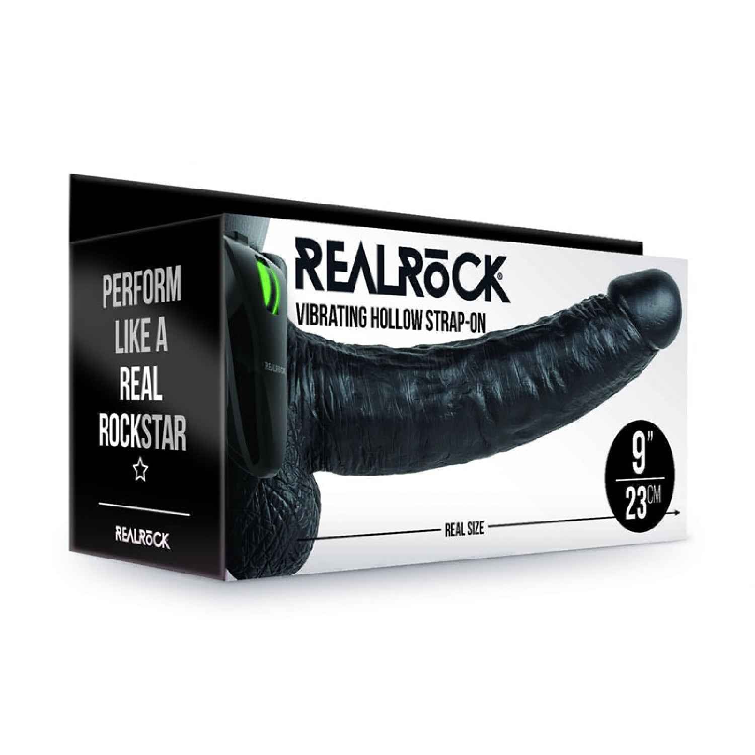 REALROCK Vibrating Hollow Strapon + Balls - 23cm Black