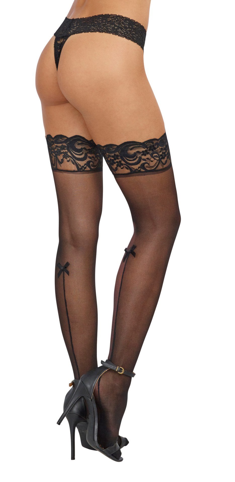 Lace Top Thigh High Stockings w/ Back Seam - Black - K. P.