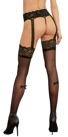 Sheer Lace Top Garter Stockings w/ Bow Detail - Black - K. P.